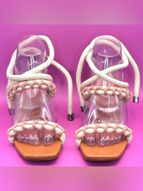 Schutz Kirah Rope Wrap High Heel Sandals Pink/Beige  Square Toe Size 7.5B NEW